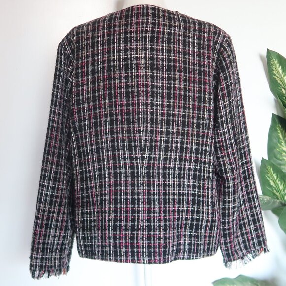 Chico’s Black Pink Tweed Plaid Jacket Blazer Office Career Fall Winter L Large - Picture 7 of 15